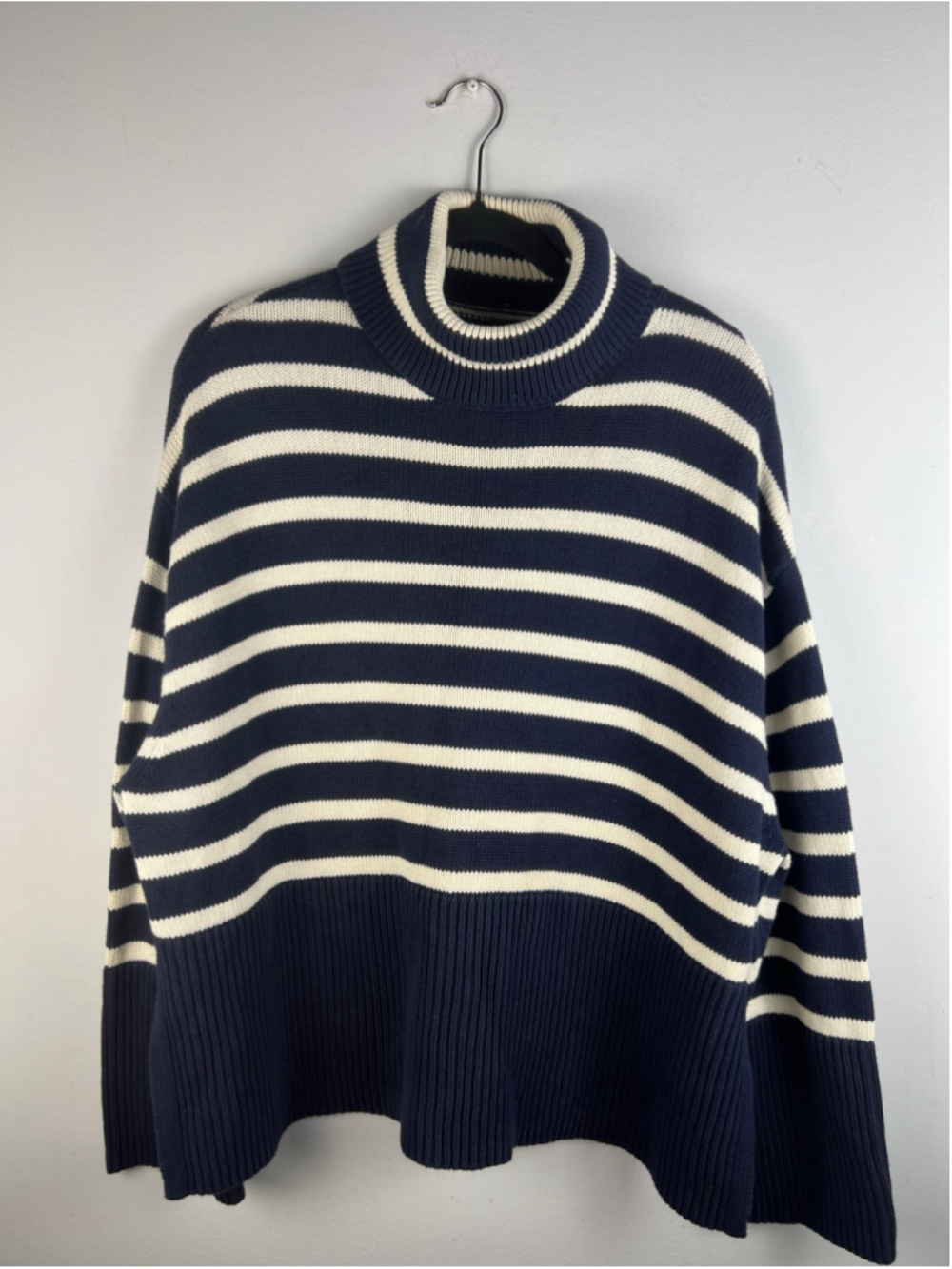 GAP Navy White Stripe Turtleneck Sweater Small 100% Cotton Oversized Nautical